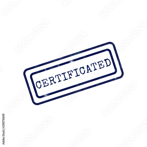 A blue ink rubber stamp with the word certificated inside a rectangular frame, isolated on a white background, for official document validation