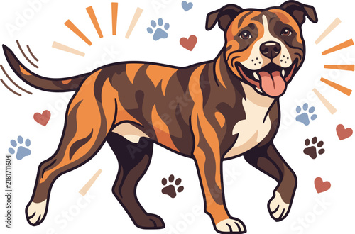 Happy brindle pitbull dog walking joyfully with wagging tail and paw print accents