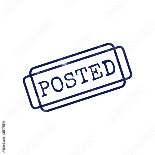 A dark blue rubber stamp impression with the word posted inside a rectangular border on a black background, for business document status