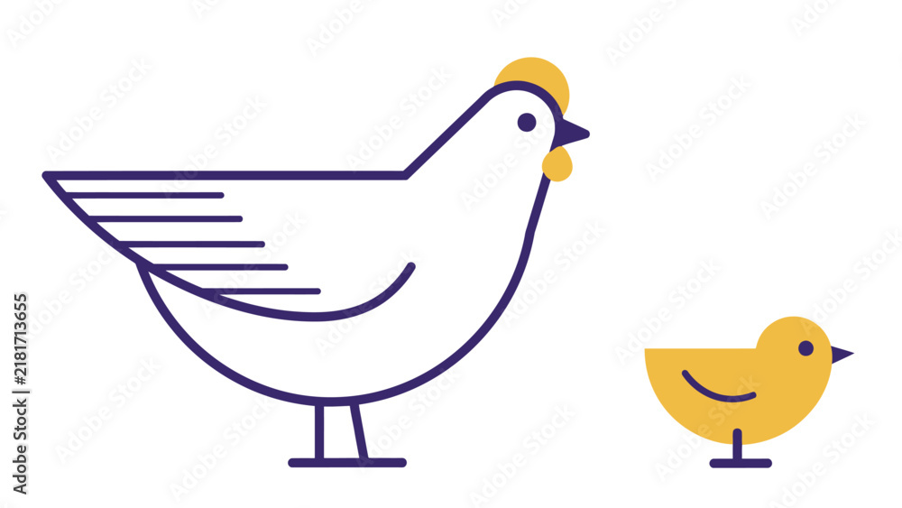 Fototapeta premium Minimalist geometric linear chicken hen and chick icon set, simple vector line art illustration of farm poultry birds isolated