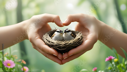 Serene Forest Scene with Hands Holding a Nest of Two Sparrows