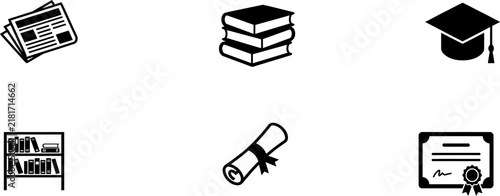 Set of black and white education and school icons featuring books graduation cap diploma and academic symbols