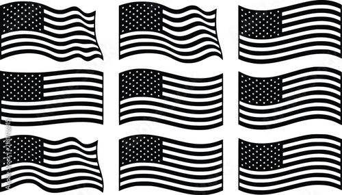 American flag vector collection featuring nine black and white wavy national icons isolated on a clean white background for design
