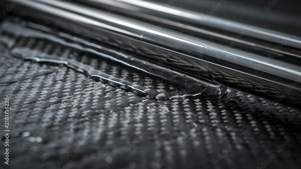 Fototapeta premium Close-up of a sleek black carbon fiber surface with water droplet pattern and glossy finish