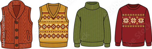 Winter Sweater and Vest Vector Set Featuring Knitted Autumn Apparel with Traditional Patterns and Cardigans for Cold Weather Seasonal Fashion Design