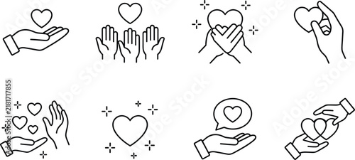 Obraz na płótnie Charity and care line icons set featuring hands holding hearts for volunteer don