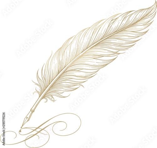 Quadro su tela Golden vintage feather quill pen writing elegant classic calligraphic flourish l