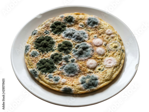 A round omelet covered in patches of green and pink mold on a white plate isolated on transparent background