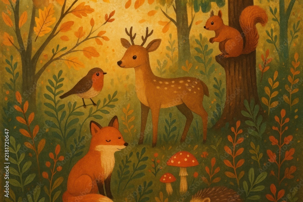 Fototapeta premium Whimsical forest animals background