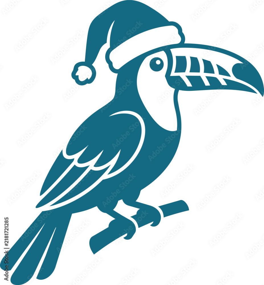 Fototapeta premium Flat 2D vector silhouette of a perching toucan wearing a festive pointed Santa hat, ideal for holiday designs, Christmas cards, or winter season decor