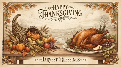 A vintage style thanksgiving banner featuring a bountiful cornucopia and a roasted turkey dinner on a rustic wooden table for a festive holiday celebration design
