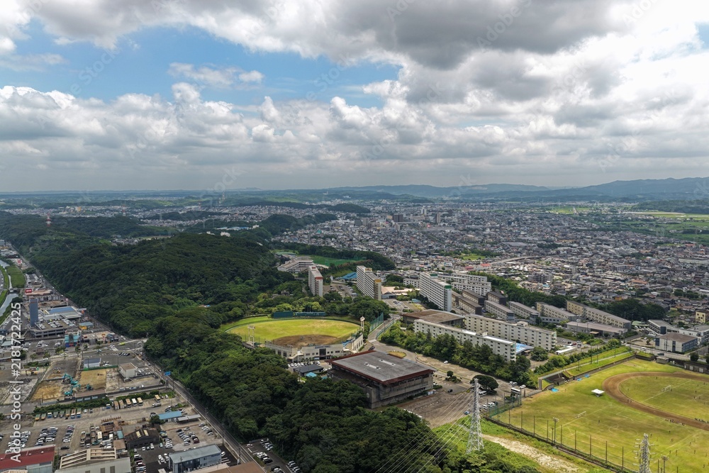 Obraz premium Aerial drone photo of baseball stadium and urban district in Kimitsu, Chiba, Japan