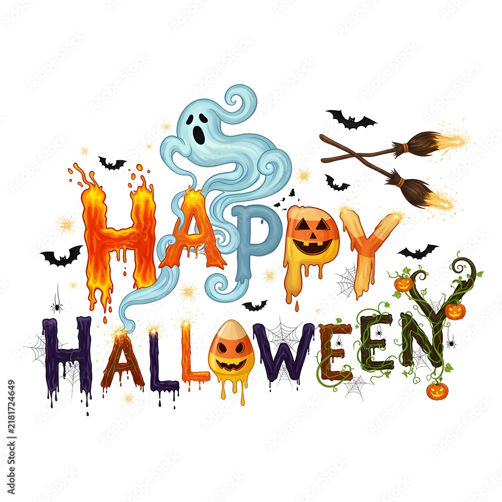 Naklejka premium Happy halloween pixel art text with ghost and pumpkin