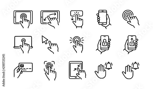 Hand technology interaction icon set in thin line style for touchscreen mobile digital and user interface concepts