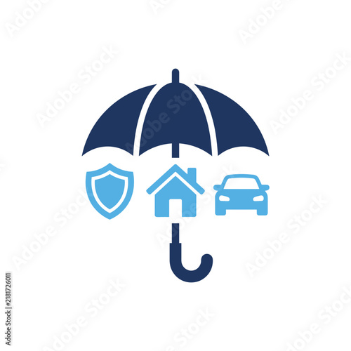 Insurance icon showing an umbrella protecting a house car and shield symbol