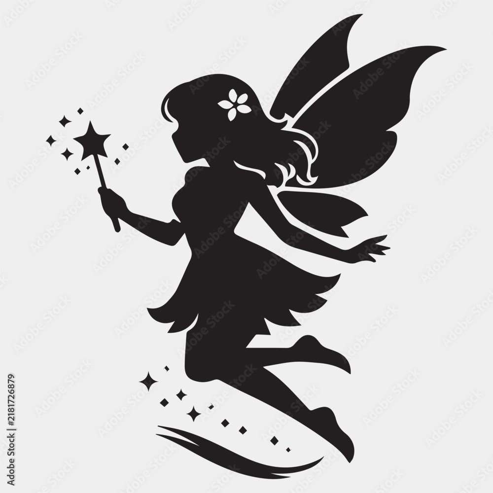 Fototapeta premium Elegant Fairy Silhouette with Magic Wand and Sparkling Wings Vector Illustration Isolated on White Background