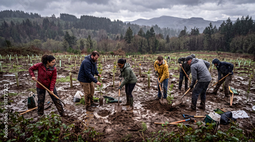 Volunteer Reforestation Tree Planting Muddy Field