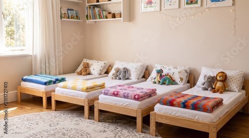 Cozy twin beds arrangement in brightly lit nursery space with stuffed animals positioned