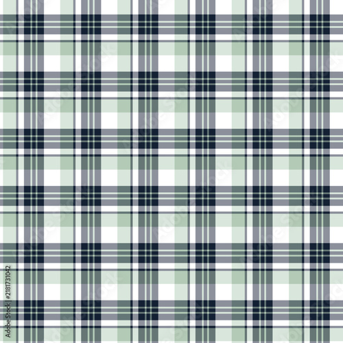 Seamless tartan plaid pattern in sage green, navy blue, and white colors, classic gingham check vector background, retro flannel textile design, elegant spring fashion fabric illustration