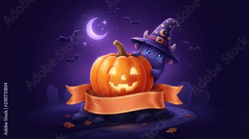 Adorable Little Purple Monster Wearing A Witch Hat Hugging A Glowing Jack O Lantern On A Spooky Graveyard Background For Halloween Celebration