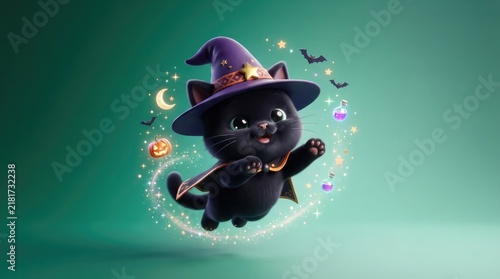 Adorable black kitten wearing a magical purple witch hat floating amidst glowing festive sparkles and tiny halloween icons on a soft teal background