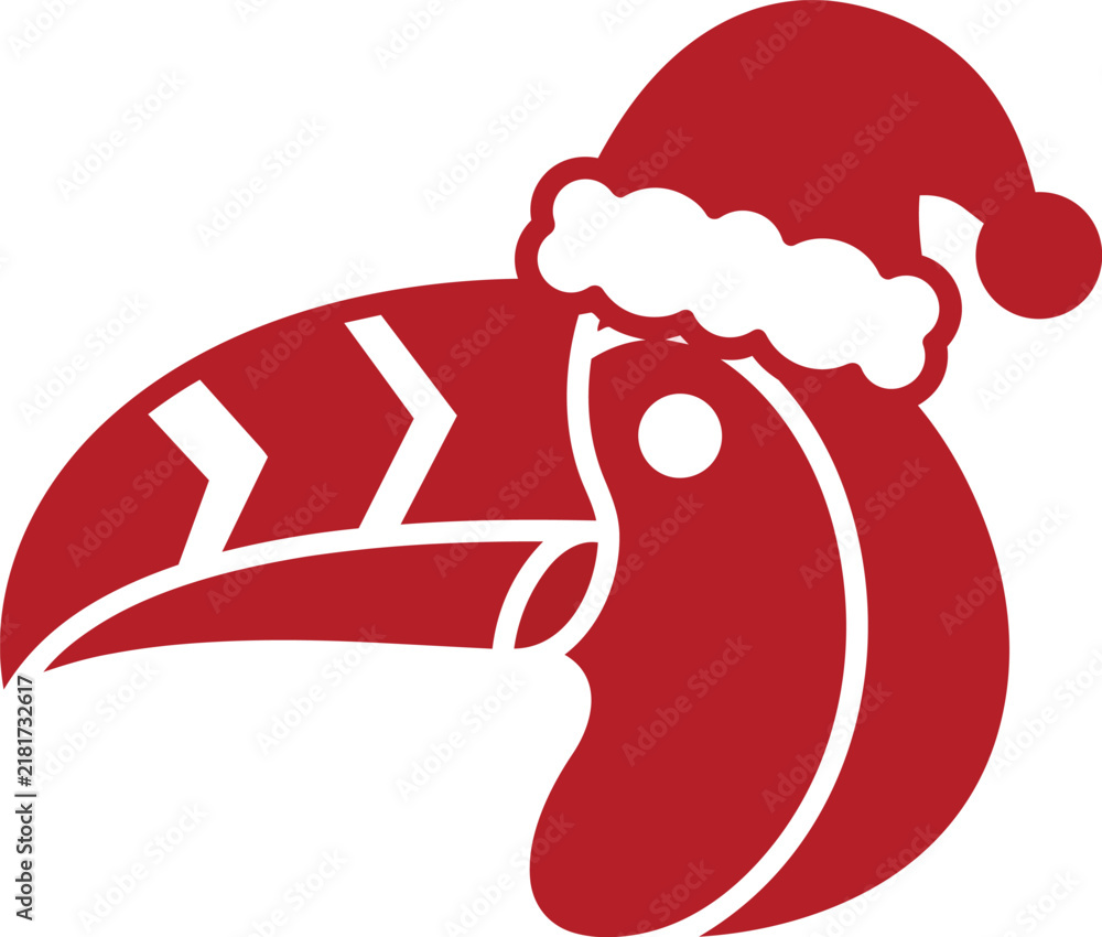 Obraz premium A flat vector glyph of a toucan head wearing a Santa hat, ideal for holiday themes, Christmas designs, festive wildlife, and tropical celebrations