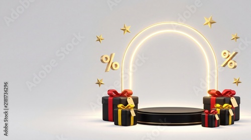 Black Friday product display podium with gift boxes and glowing neon percentage signs
