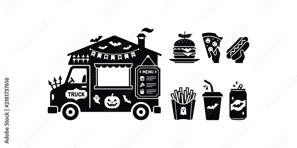 Fototapeta premium A black and white vector illustration of a festive Halloween food truck with various fast food items and spooky holiday themed decorations