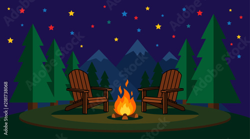 cozy campfire scene at night with wooden chairs, pine forest, and starry sky