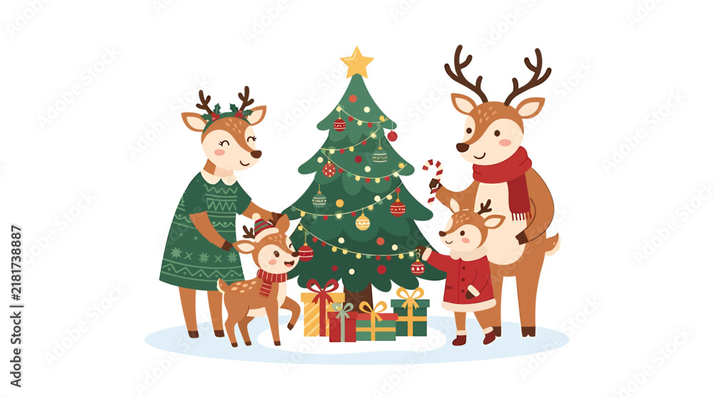 Fototapeta premium Cartoon Deer Family Celebrating Christmas Around Tree.
