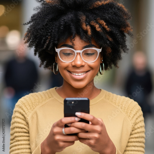 Smiling woman wearing glasses and looking at her smartphone outdoors
