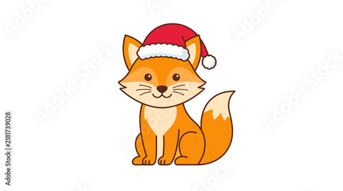 Cartoon Fox Wearing Santa Christmas Hat Illustration.