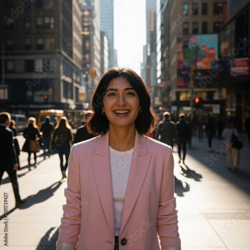 Smiling woman in pink blazer navigates bustling city street amidst sunlight