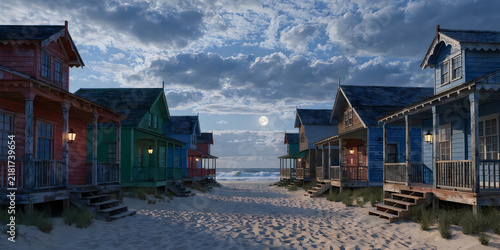 Picturesque wooden beach cottages line sandy path under bright full moon midnight sky view.