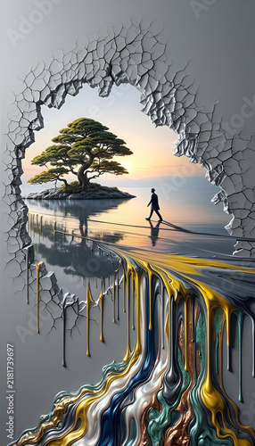 Surreal Cracked Wall Portal Opening to a Serene Island Landscape with Metallic Paint
