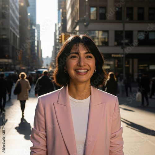 Smiling woman in pink blazer city street sunshine people walking buildings tall