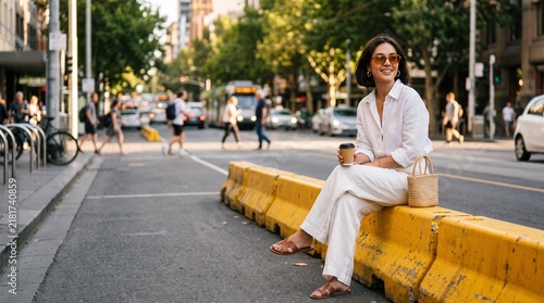 Stylish woman sitting on a yellow road barrier in a busy city street with coffee cup