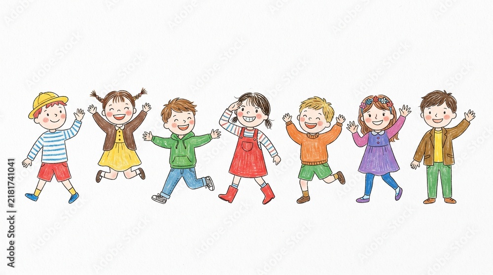 Fototapeta premium Group of Happy Children and Kids Playing Together, Cartoon Family and Friends Vector Illustration for School, Childhood, Friendship and Fun