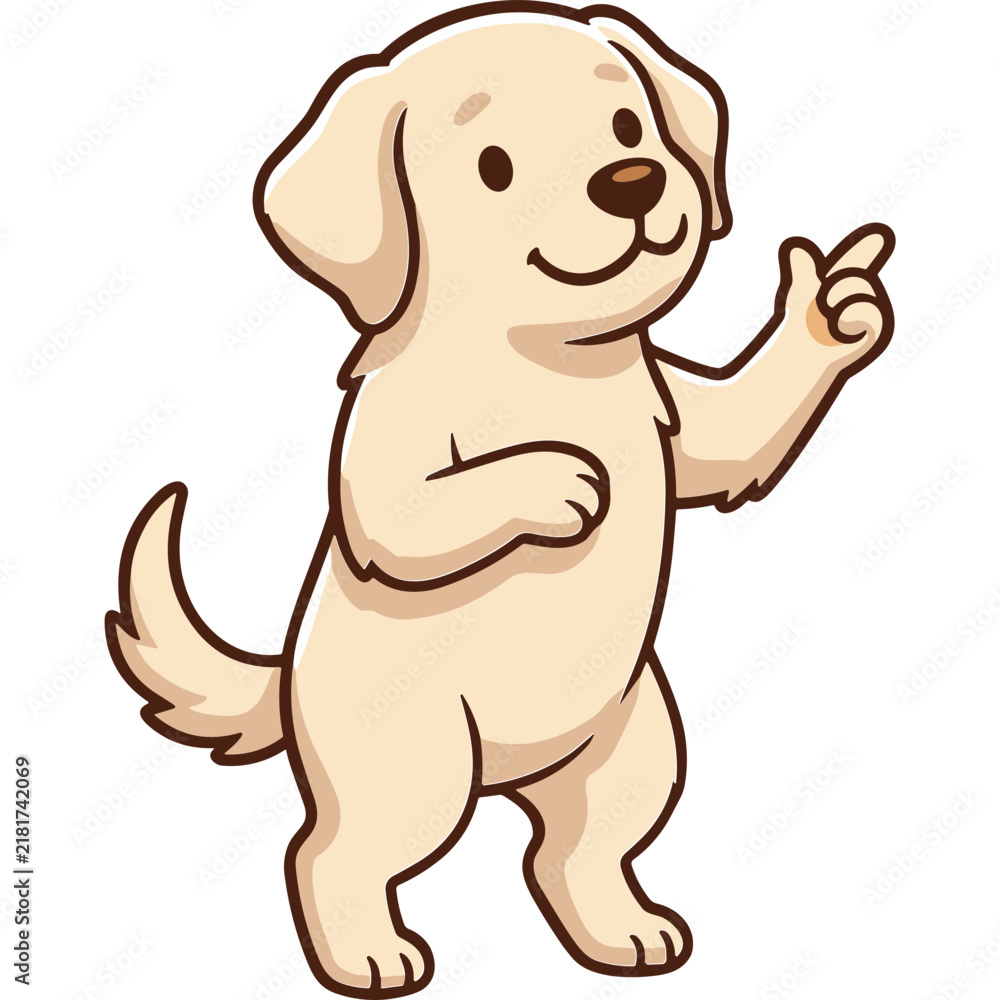 Fototapeta premium Cute cartoon golden retriever puppy standing on two legs and pointing with its paw in a friendly gesture