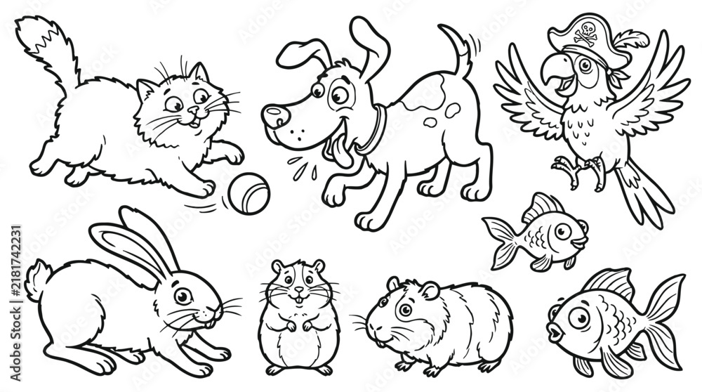 Obraz premium Cute Domestic Pets Cartoon Vector Set - Animals Line Art for Kids Coloring Page Collection