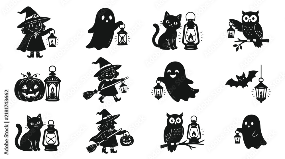 Obraz premium Halloween icon set, spooky witch, ghost, black cat, pumpkin, bat, owl, lantern, vintage linear illustration, cartoon character, happy autumn celebration symbols, vector graphic