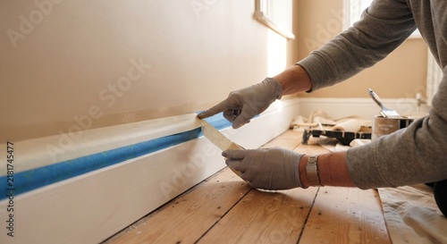 Close up of painter applying masking tape to protect baseboard before painting wall