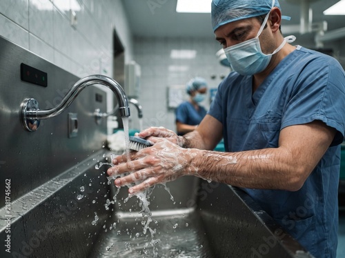 Male surgeon scrubbing hands at surgical wash station before surgery