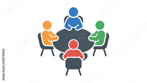 Business Meeting Icon with Colorful Figures Around a Table