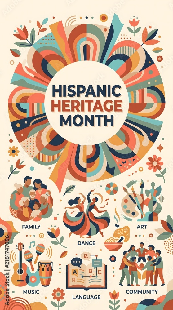 Fototapeta premium Hispanic Heritage Month Vertical Circular Poster Featuring Vibrant Folk Dancers Mariachi Family Art and Book