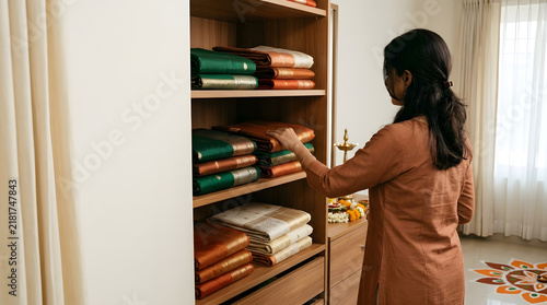 Woman choosing a silk sari from an organized wardrobe