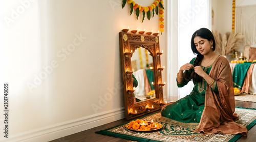 Young woman braiding hair beside a diya-lit mirror