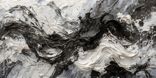 Abstract oil painting with monochrome black and white impasto waves for modern interiors.
