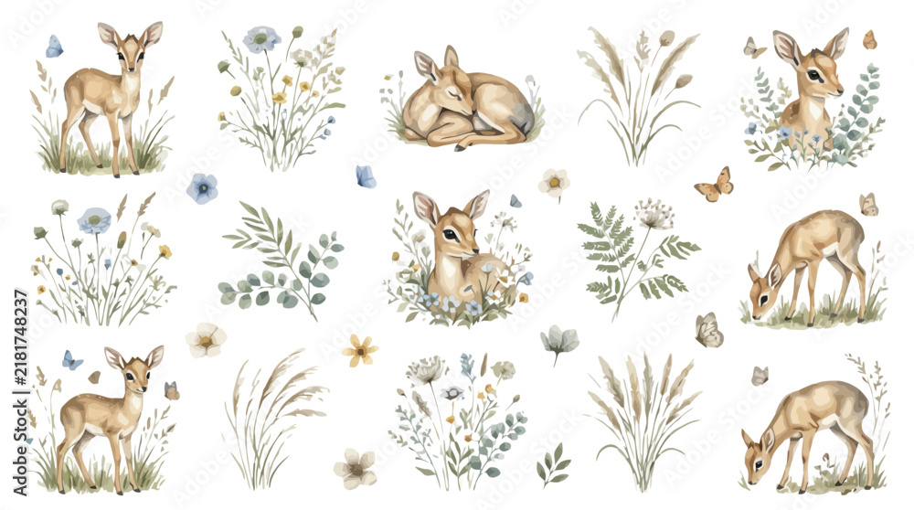 Obraz premium Watercolor fawn and forest floral element collection