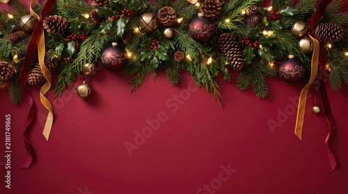 Festive christmas garland with ornaments and glowing lights on red background